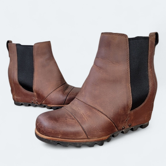 Sorel Joan Of Arctic Brown Wedge Boots Size 7.5 Leather Slip On - Picture 1 of 16
